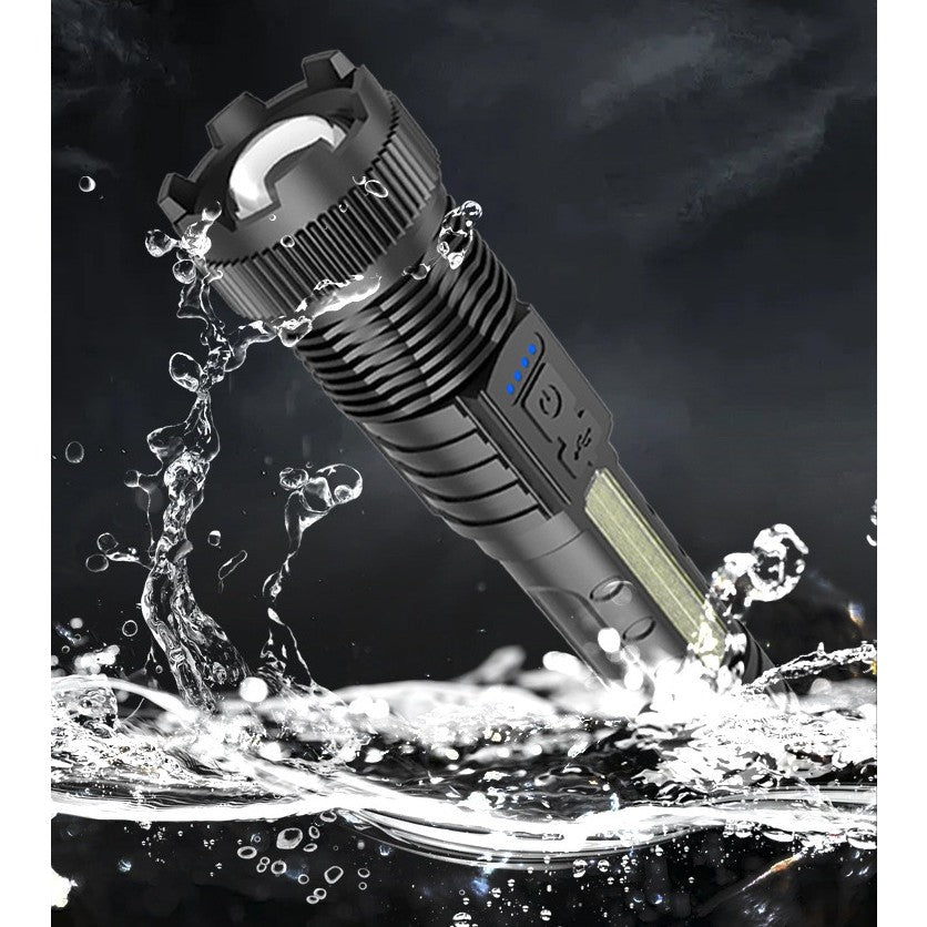 Lanterna LED Telescopica P50, Zoom Ajustabil, 100W, 2 Surse de Lumina, Incarcare USB, Raza 200m, IPX5, Acumulator 1200 mAh, Negru