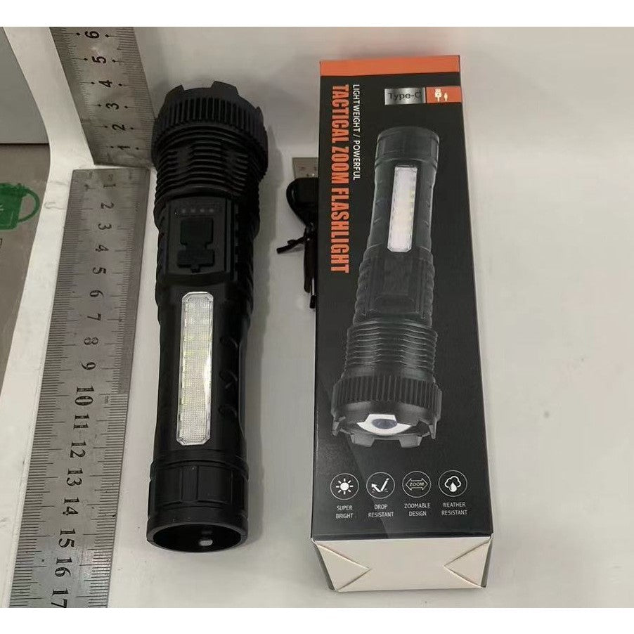 Lanterna LED Telescopica P50, Zoom Ajustabil, 100W, 2 Surse de Lumina, Incarcare USB, Raza 200m, IPX5, Acumulator 1200 mAh, Negru