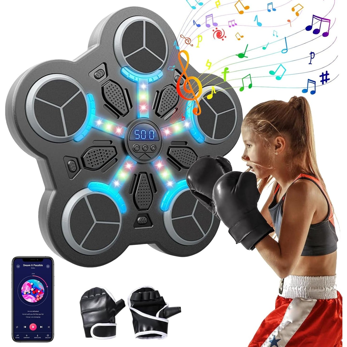 Jucarie de Boxat Interactiva pentru Copii cu Muzica si Lumini, Aparat de Box cu 5 Tinte, Bluetooth, Incarcare USB, Fixare cu Ventuze, Manusi Incluse, 33x33x4.5 cm, Negru
