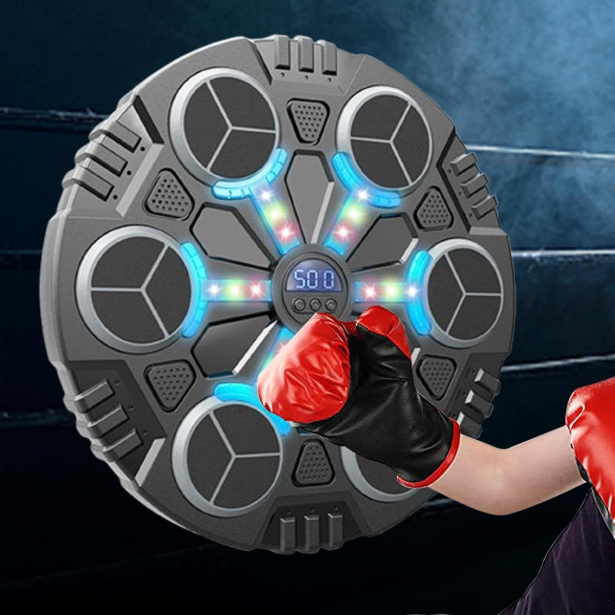 Jucarie De Boxat Inteligenta Cu Muzica Si Lumini, Bluetooth, 6 Tinte Interactive, Incarcare USB, Aplicare Ventuze, Manusi Incluse, 32x27x3.5 cm, Negru