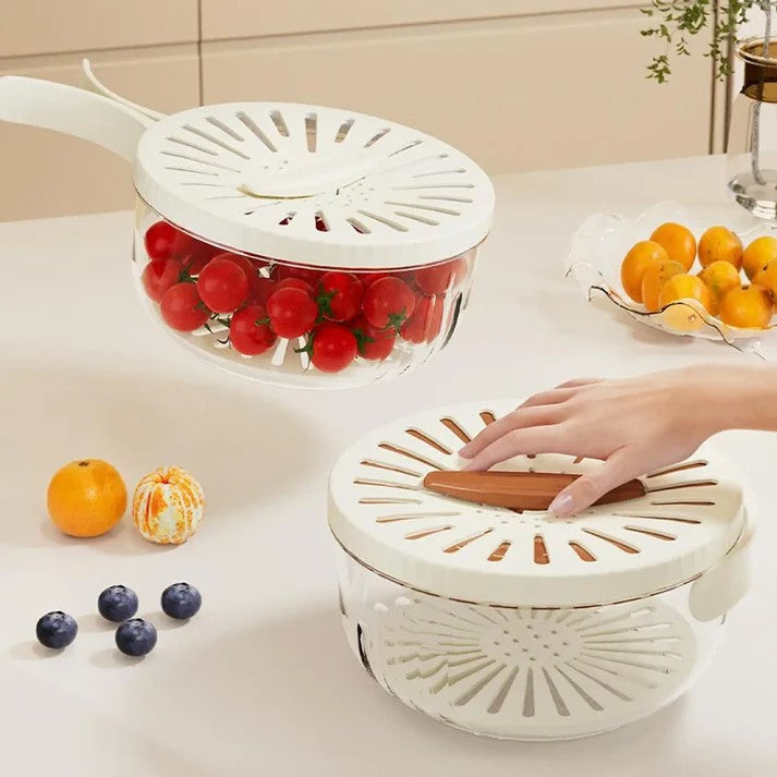 Strecuratoare 2 In 1 Pentru Fructe Si Legume, Cos De Scurgere Cu Cutie Depozitare Si Capac, Maner Pliabil, Polipropilena, 15.5 x 8.3 cm, Maro