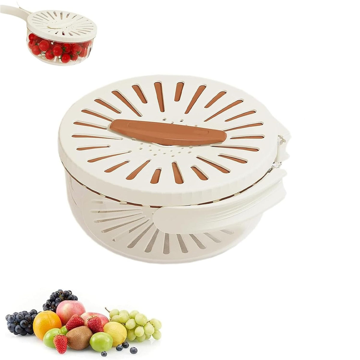 Strecuratoare 2 In 1 Pentru Fructe Si Legume, Cos De Scurgere Cu Cutie Depozitare Si Capac, Maner Pliabil, Polipropilena, 15.5 x 8.3 cm, Maro