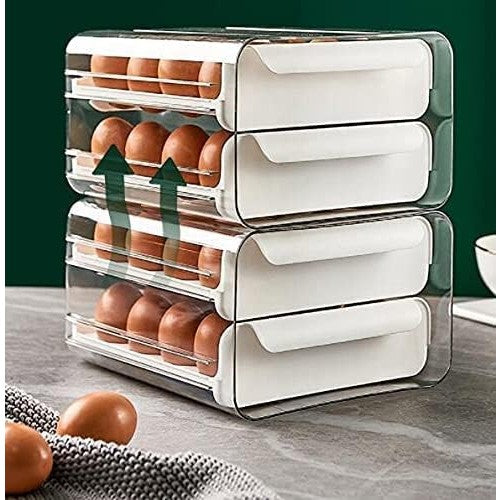 Suport pentru Oua cu 2 Straturi, Organizator Frigider Tip Sertar, Recipient Depozitare Stivuibil, Material PET si PP, Capacitate 32 Oua, 23.5 x 21.5 cm, Alb/Transparent