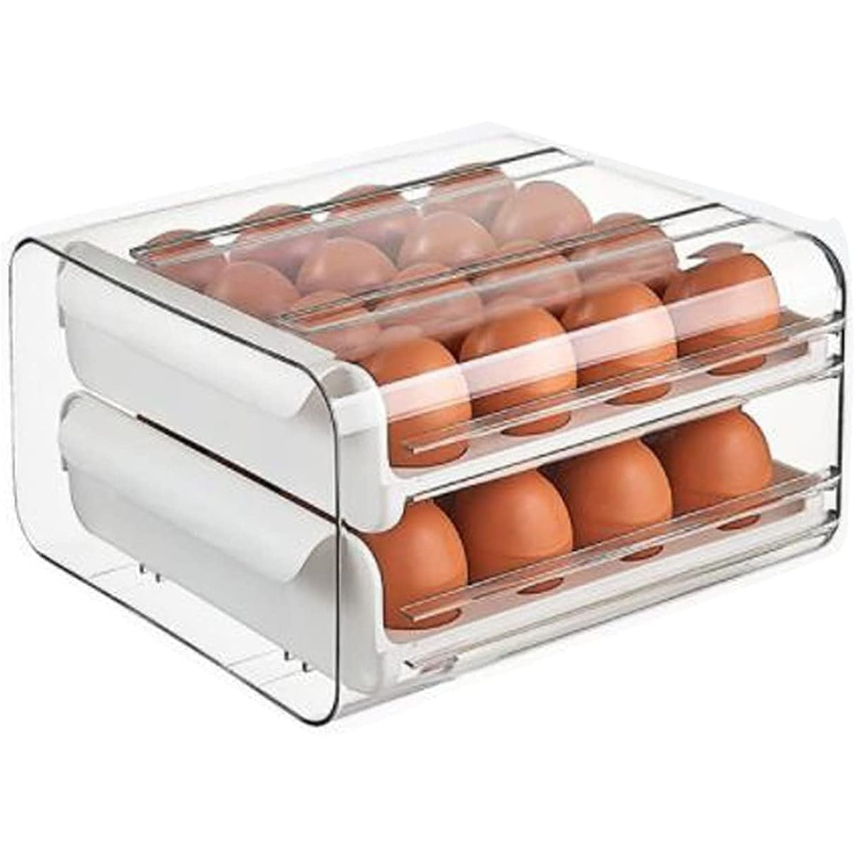 Suport pentru Oua cu 2 Straturi, Organizator Frigider Tip Sertar, Recipient Depozitare Stivuibil, Material PET si PP, Capacitate 32 Oua, 23.5 x 21.5 cm, Alb/Transparent