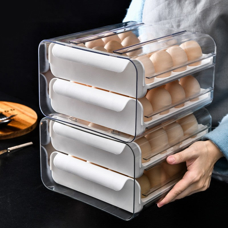 Suport pentru Oua cu 2 Straturi, Organizator Frigider Tip Sertar, Recipient Depozitare Stivuibil, Material PET si PP, Capacitate 32 Oua, 23.5 x 21.5 cm, Alb/Transparent