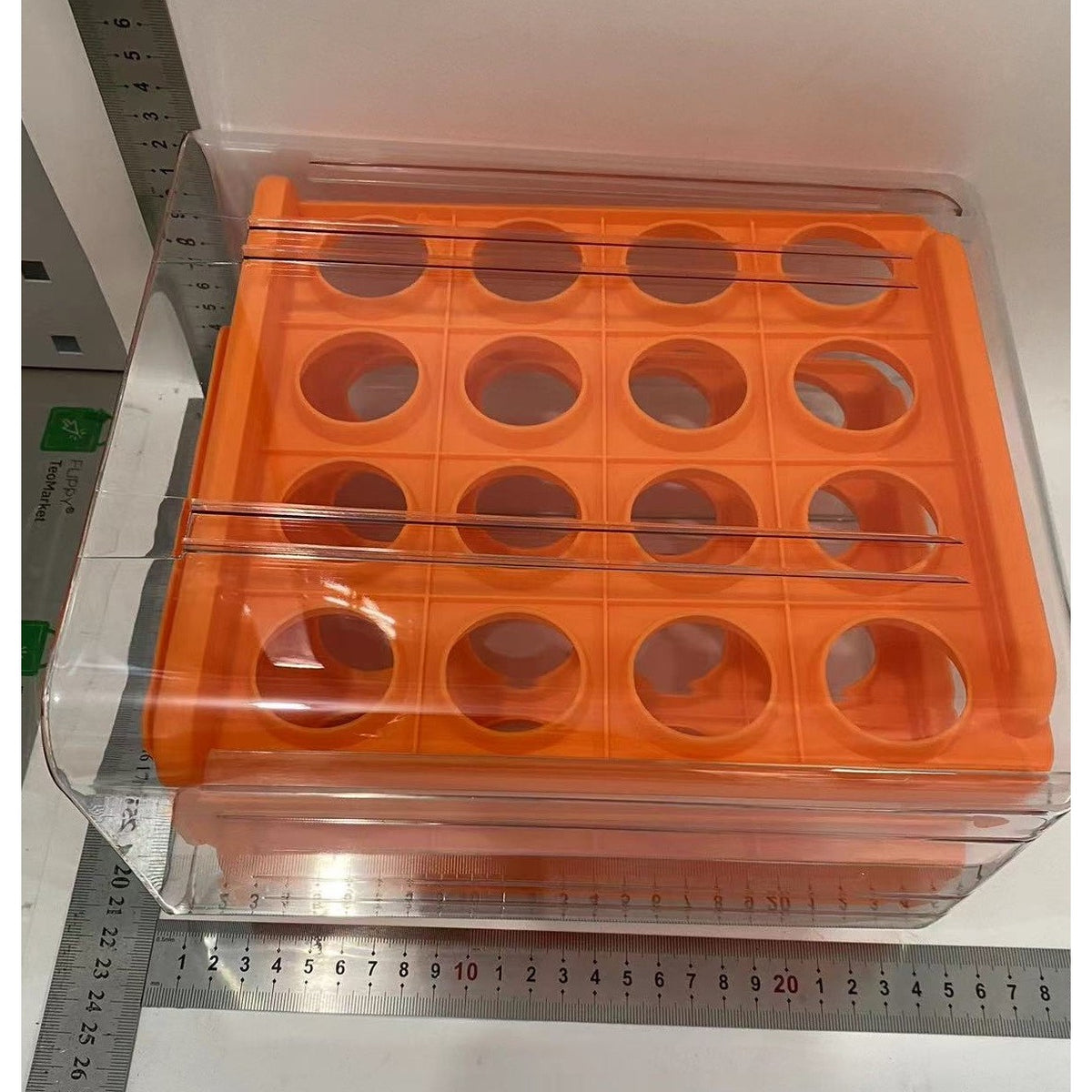 Suport Pentru Oua Cu Strat Dublu, Organizator Tip Sertar Pentru Frigider, Capacitate 32 Oua, Material PET Si PP, 23.5x21.5 cm, Portocaliu