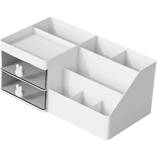 Organizator Cosmetice si Papetarie, Cutie Depozitare pentru Birou cu 2 Sertare si Compartimente Multiple, Model Iepuras, Plastic Rezistent, 27.5x15.5x12 cm, Alb