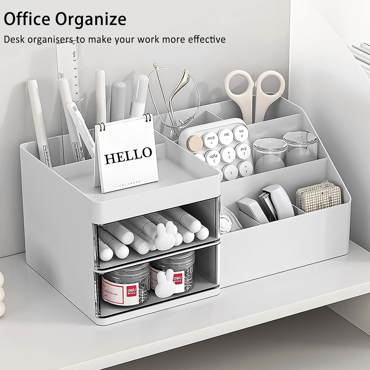 Organizator Cosmetice si Papetarie, Cutie Depozitare pentru Birou cu 2 Sertare si Compartimente Multiple, Model Iepuras, Plastic Rezistent, 27.5x15.5x12 cm, Alb