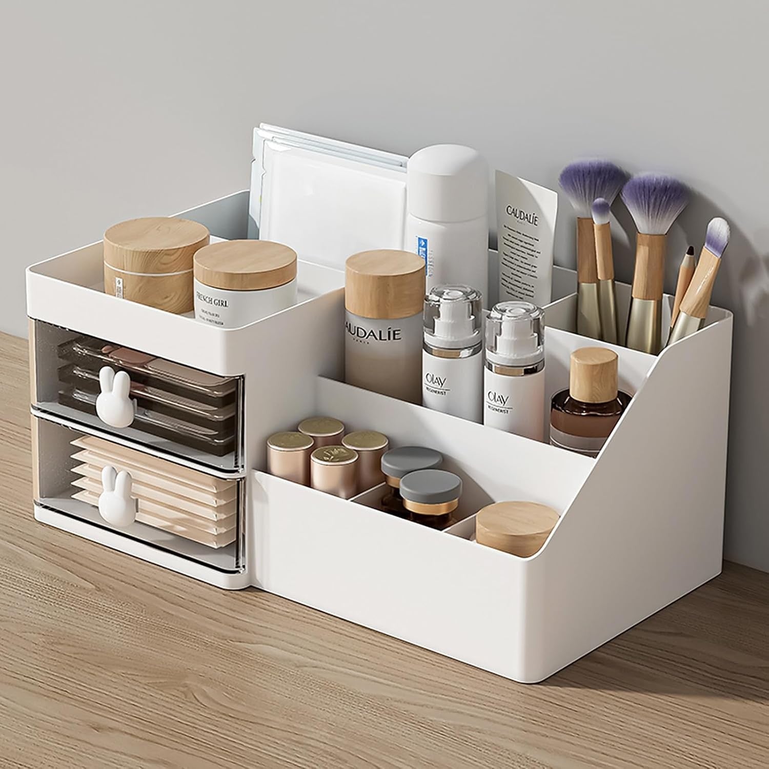 Organizator Cosmetice si Papetarie, Cutie Depozitare pentru Birou cu 2 Sertare si Compartimente Multiple, Model Iepuras, Plastic Rezistent, 27.5x15.5x12 cm, Alb