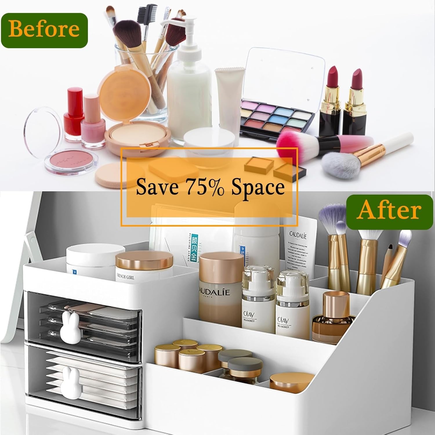 Organizator Cosmetice si Papetarie, Cutie Depozitare pentru Birou cu 2 Sertare si Compartimente Multiple, Model Iepuras, Plastic Rezistent, 27.5x15.5x12 cm, Alb
