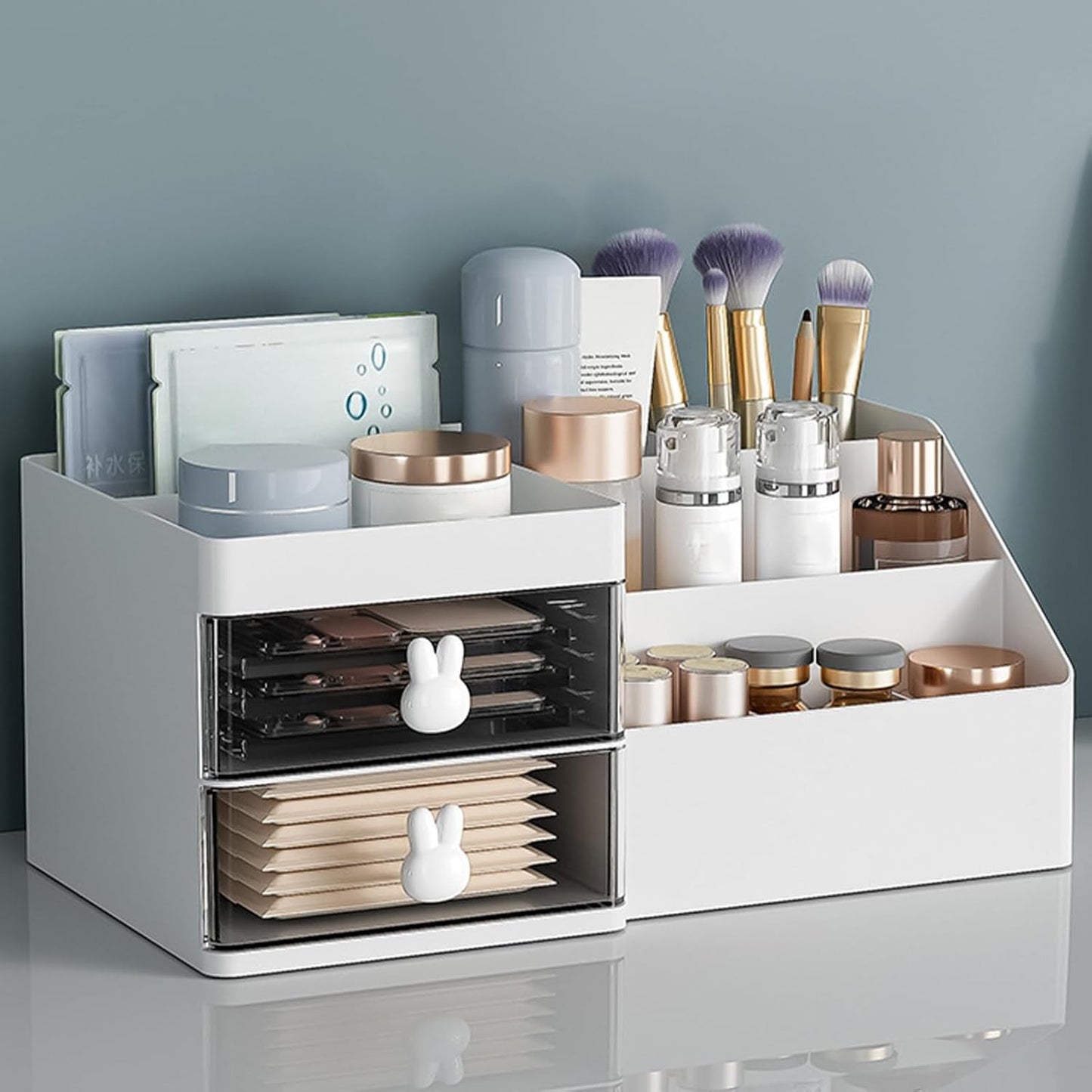 Organizator Cosmetice si Papetarie, Cutie Depozitare pentru Birou cu 2 Sertare si Compartimente Multiple, Model Iepuras, Plastic Rezistent, 27.5x15.5x12 cm, Alb