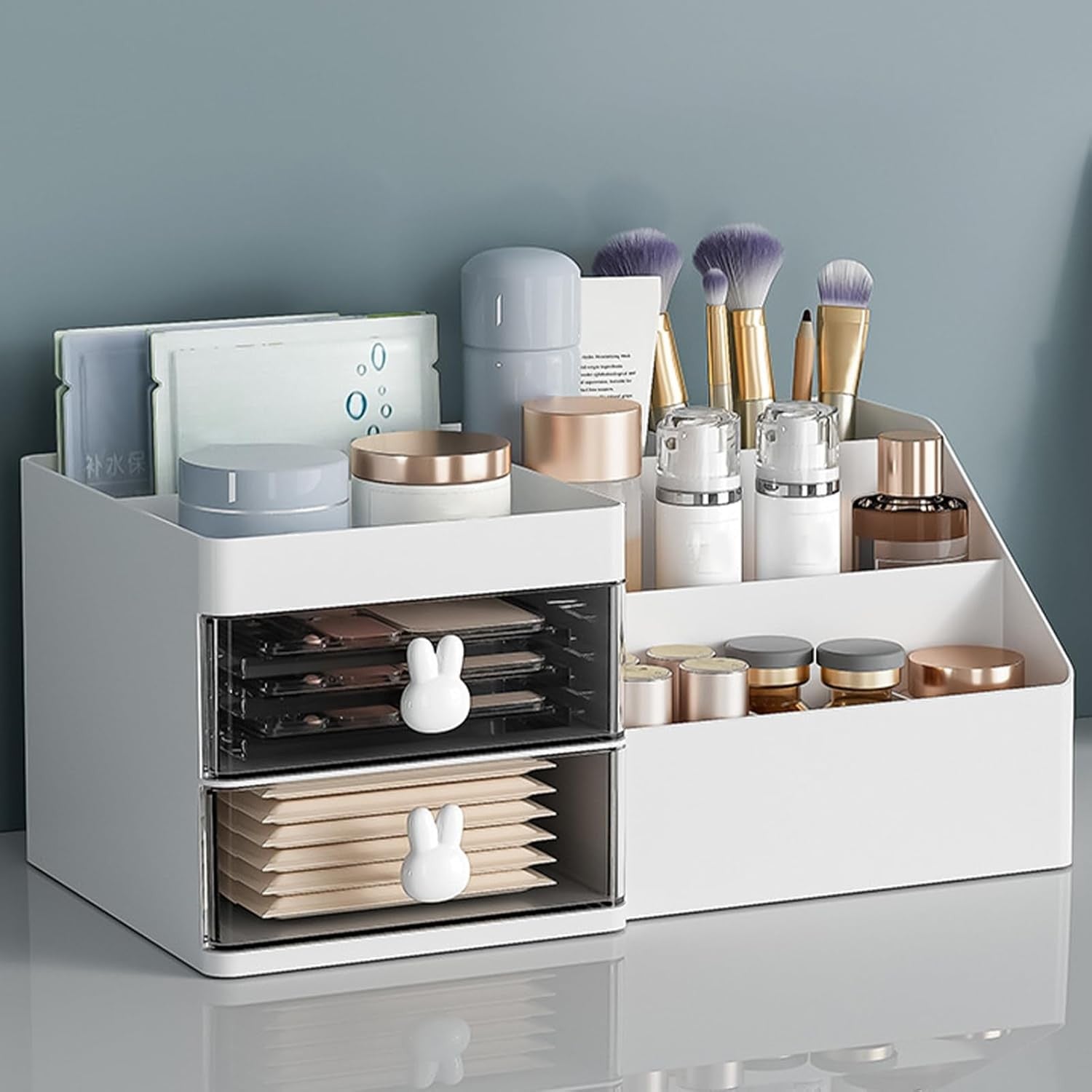 Organizator Cosmetice si Papetarie, Cutie Depozitare pentru Birou cu 2 Sertare si Compartimente Multiple, Model Iepuras, Plastic Rezistent, 27.5x15.5x12 cm, Alb