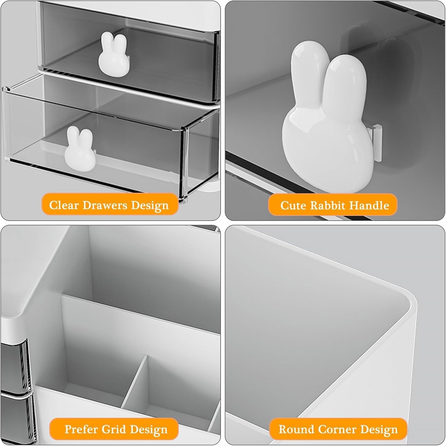 Organizator Cosmetice si Papetarie, Cutie Depozitare pentru Birou cu 2 Sertare si Compartimente Multiple, Model Iepuras, Plastic Rezistent, 27.5x15.5x12 cm, Alb