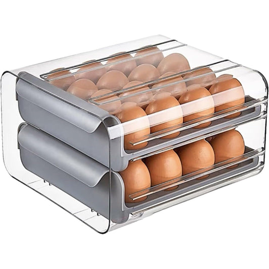 Suport pentru Oua cu 2 Straturi, Organizator Frigider Tip Sertar, Capacitate 32 Oua, Plastic PET si PP, 23.5x21.5 cm, Gri