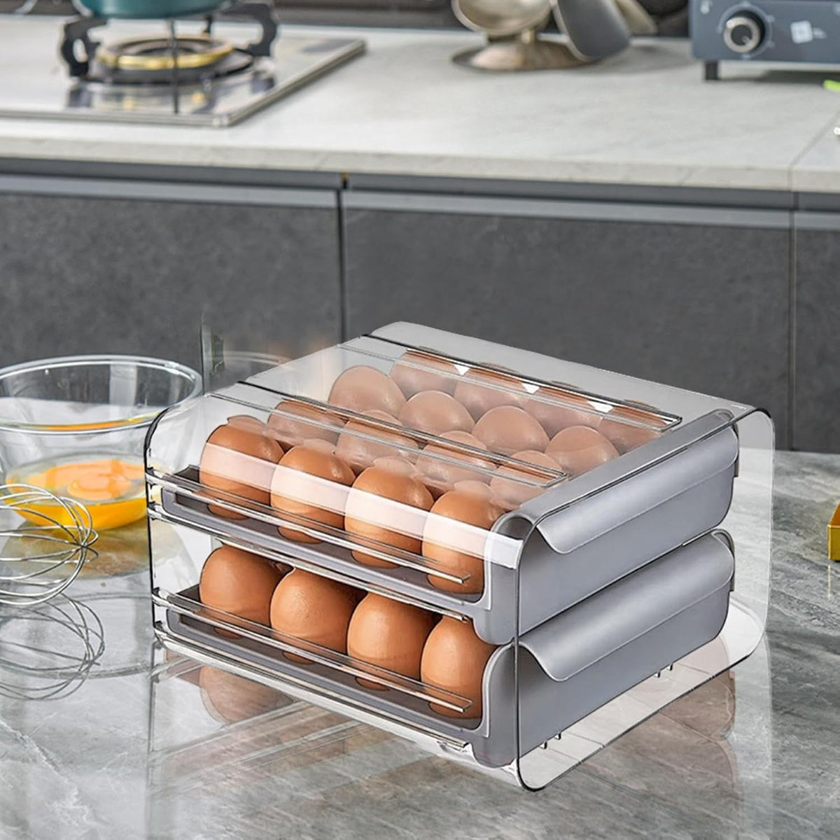 Suport pentru Oua cu 2 Straturi, Organizator Frigider Tip Sertar, Capacitate 32 Oua, Plastic PET si PP, 23.5x21.5 cm, Gri