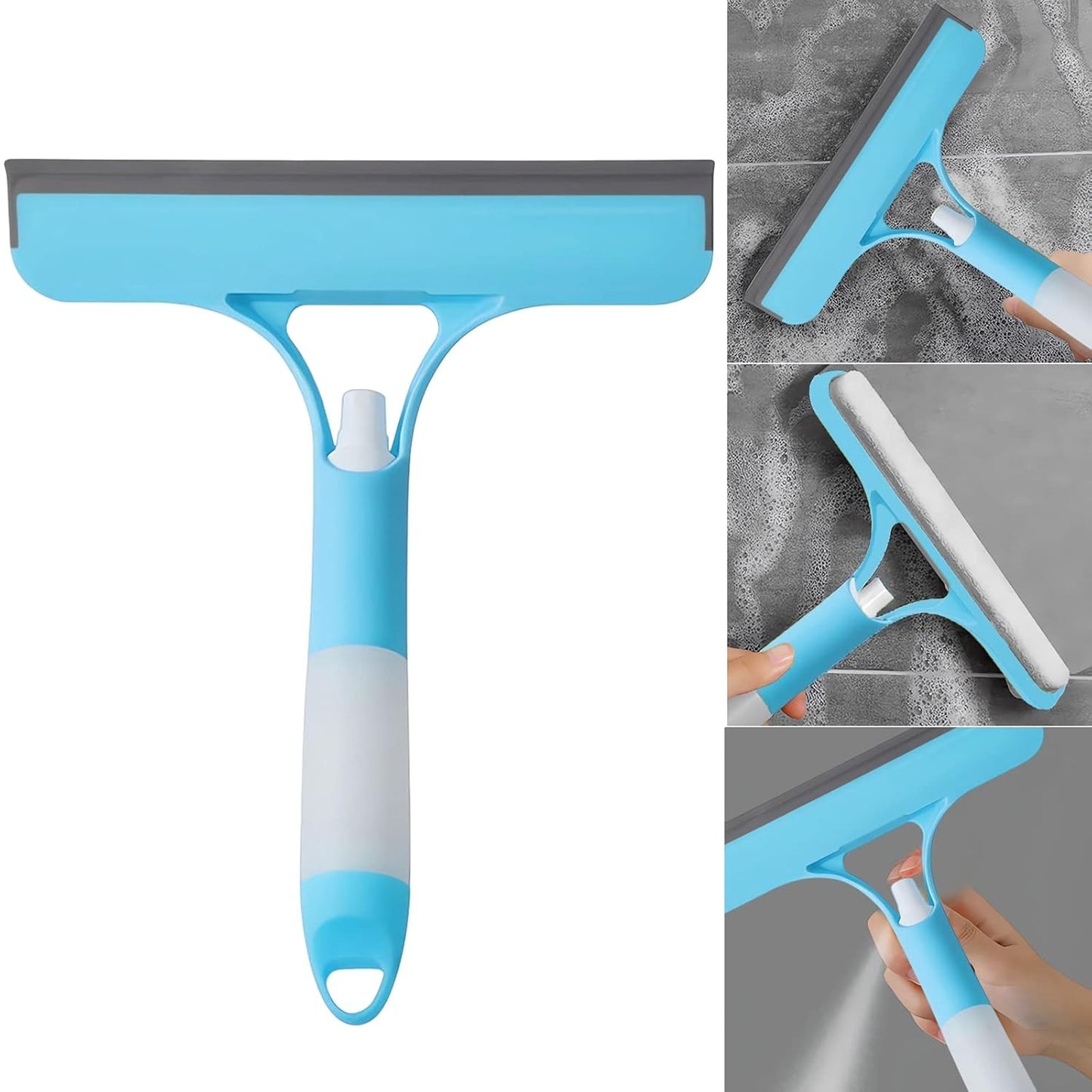 Racletă de Curățare 3 în 1 Multifuncțională, Pulverizator Integrat și Burete, Plastic PP și Silicon TPR, 21.5 x 25.7 cm, Albastru