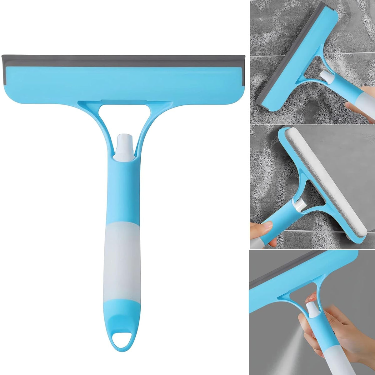 Racletă de Curățare 3 în 1 Multifuncțională, Pulverizator Integrat și Burete, Plastic PP și Silicon TPR, 21.5 x 25.7 cm, Albastru