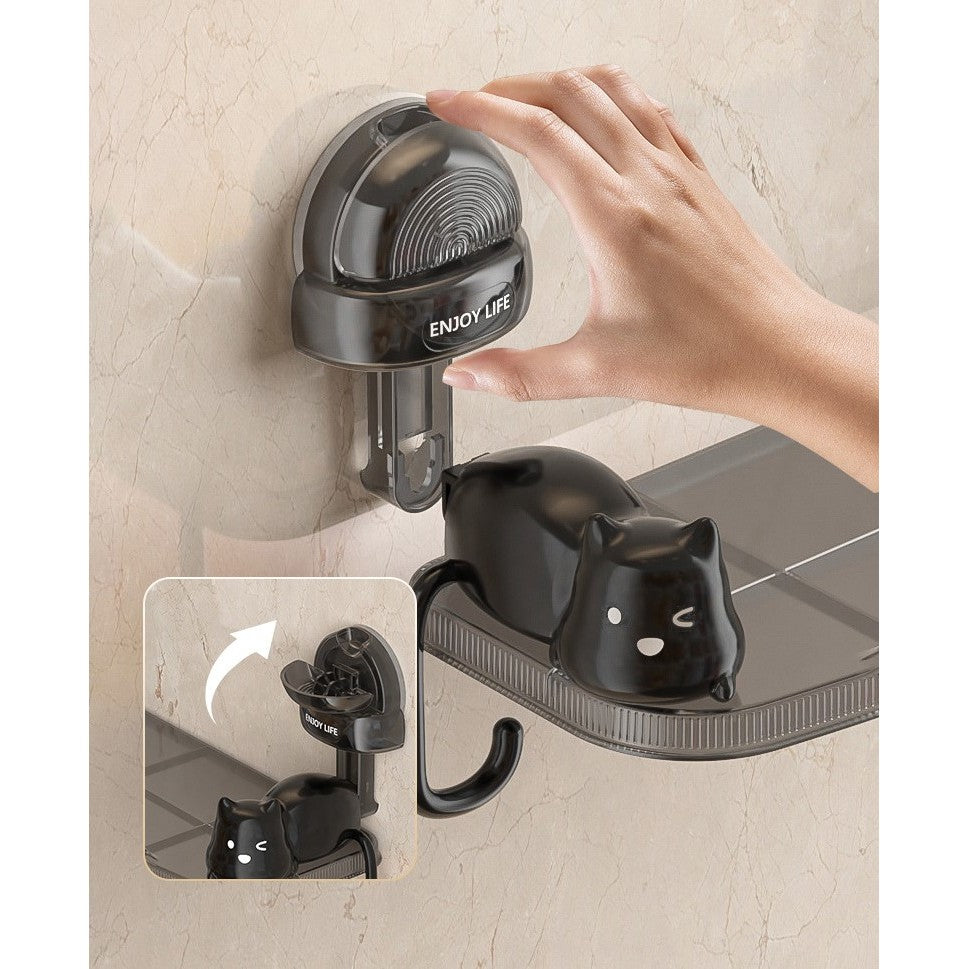 Raft Pentru Baie Cu Model Pisicute, Suport Depozitare Cu Montare Pe Perete Fara Gaurire, Autoadeziv, Material ABS, 33.4x17.7 cm, Negru