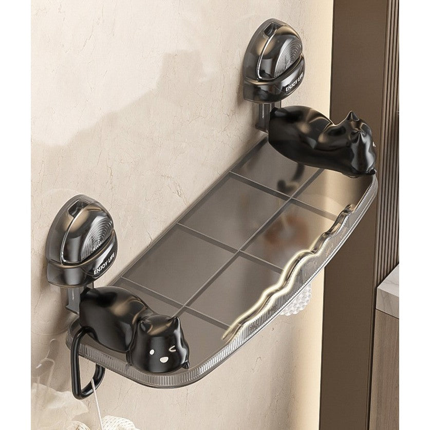 Raft Pentru Baie Cu Model Pisicute, Suport Depozitare Cu Montare Pe Perete Fara Gaurire, Autoadeziv, Material ABS, 33.4x17.7 cm, Negru