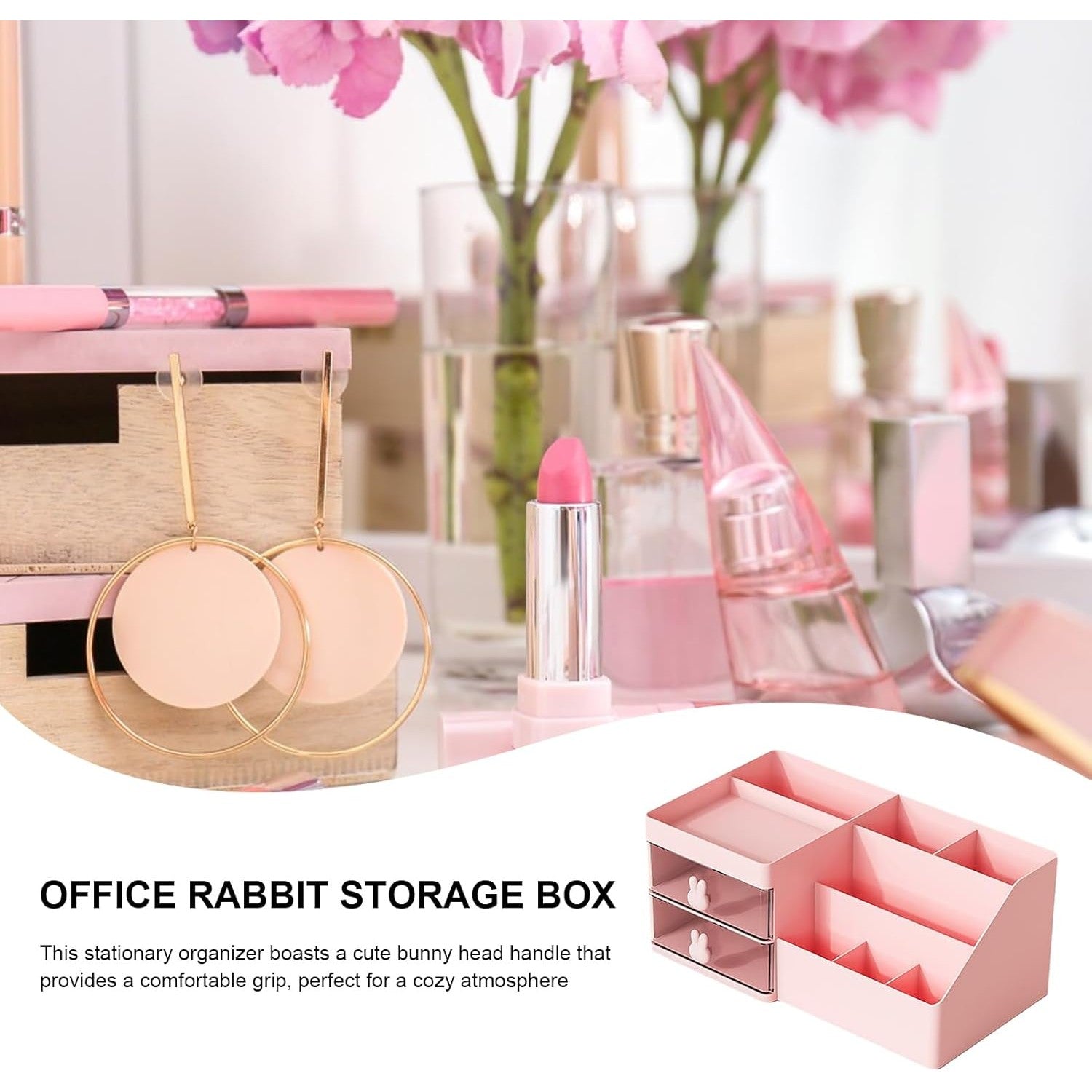 Organizator Cosmetice si Papetarie pentru Birou, Cutie Depozitare cu 2 Sertare si Compartimente Multiple, Design Iepuras, Plastic Rezistent, 27.5x15.5x12 cm, Roz