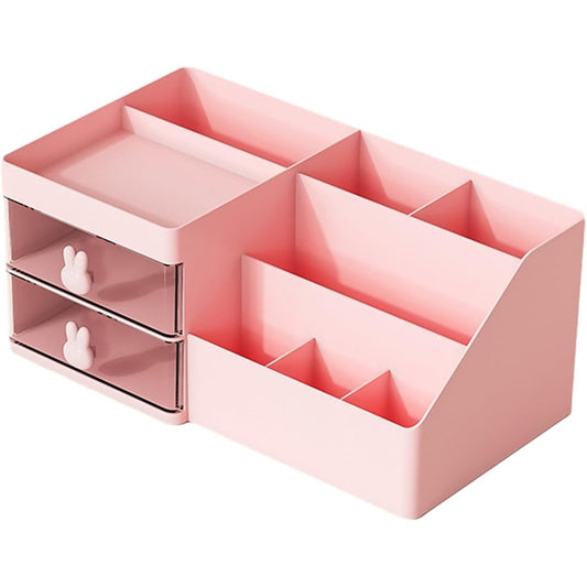 Organizator Cosmetice si Papetarie pentru Birou, Cutie Depozitare cu 2 Sertare si Compartimente Multiple, Design Iepuras, Plastic Rezistent, 27.5x15.5x12 cm, Roz