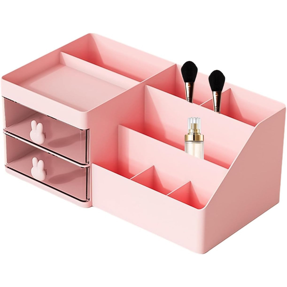 Organizator Cosmetice si Papetarie pentru Birou, Cutie Depozitare cu 2 Sertare si Compartimente Multiple, Design Iepuras, Plastic Rezistent, 27.5x15.5x12 cm, Roz