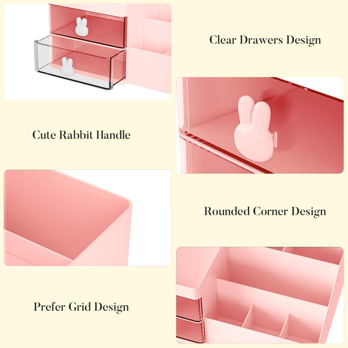 Organizator Cosmetice si Papetarie pentru Birou, Cutie Depozitare cu 2 Sertare si Compartimente Multiple, Design Iepuras, Plastic Rezistent, 27.5x15.5x12 cm, Roz