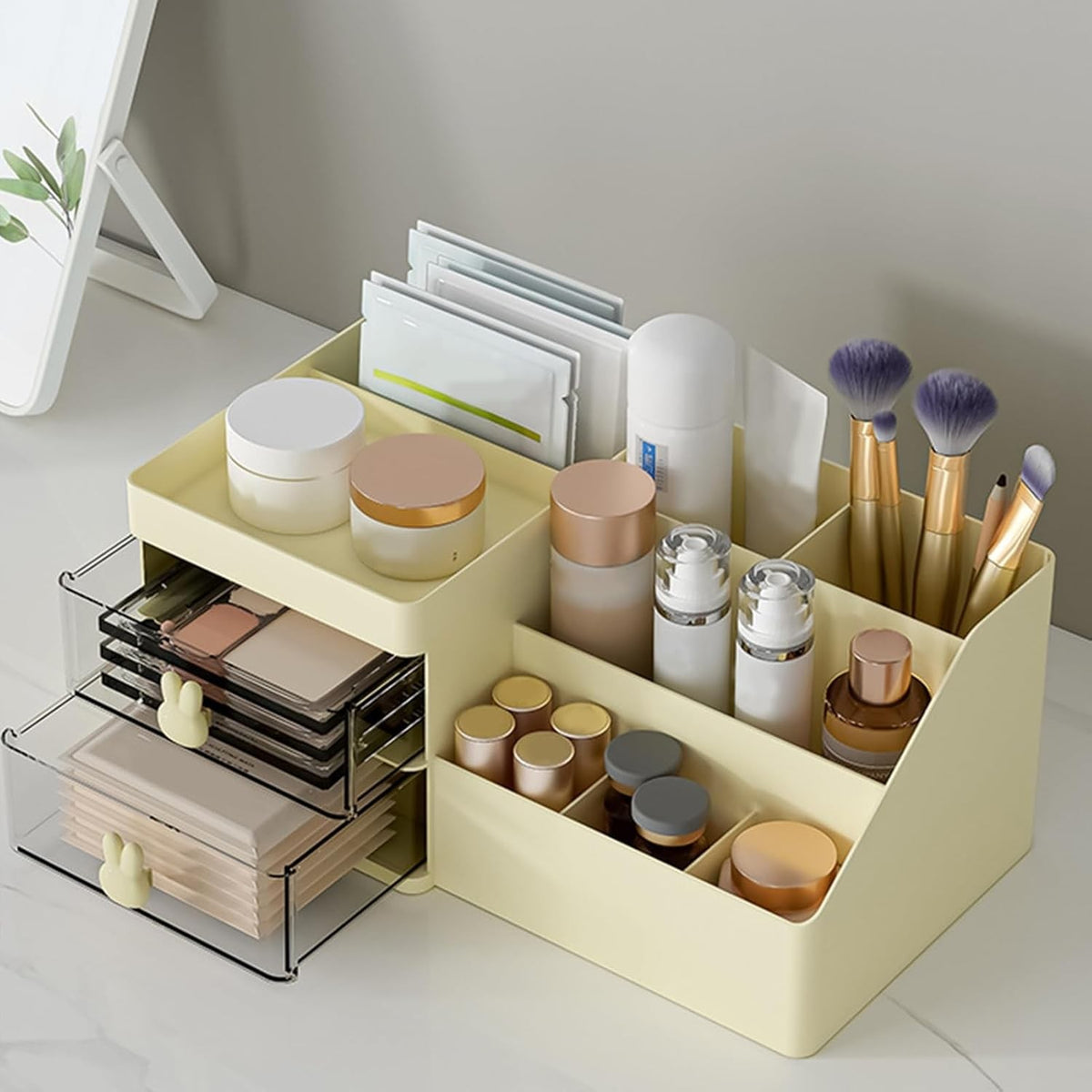 Organizator Cosmetice si Papetarie, Cutie de Depozitare pentru Birou, 2 Sertare si Compartimente Multiple, Model Iepuras, Plastic Rezistent, 27.5x15.5x12 cm, Crem