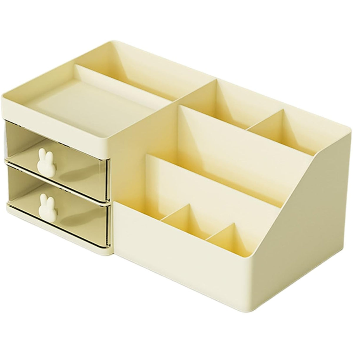 Organizator Cosmetice si Papetarie, Cutie de Depozitare pentru Birou, 2 Sertare si Compartimente Multiple, Model Iepuras, Plastic Rezistent, 27.5x15.5x12 cm, Crem