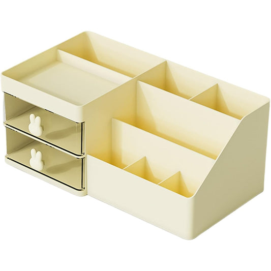 Organizator Cosmetice si Papetarie, Cutie de Depozitare pentru Birou, 2 Sertare si Compartimente Multiple, Model Iepuras, Plastic Rezistent, 27.5x15.5x12 cm, Crem