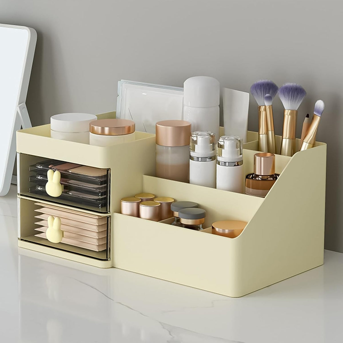 Organizator Cosmetice si Papetarie, Cutie de Depozitare pentru Birou, 2 Sertare si Compartimente Multiple, Model Iepuras, Plastic Rezistent, 27.5x15.5x12 cm, Crem