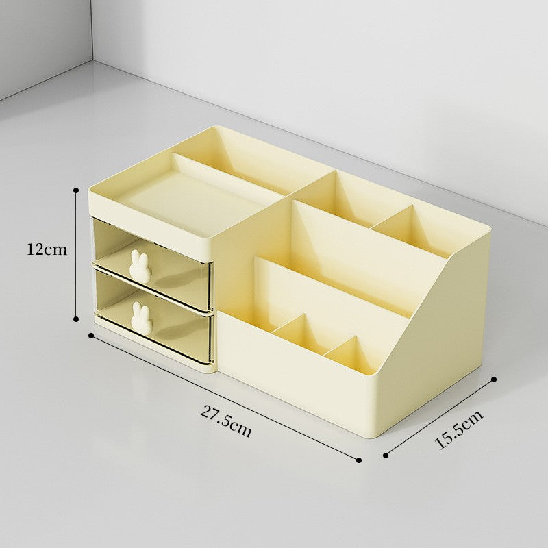 Organizator Cosmetice si Papetarie, Cutie de Depozitare pentru Birou, 2 Sertare si Compartimente Multiple, Model Iepuras, Plastic Rezistent, 27.5x15.5x12 cm, Crem