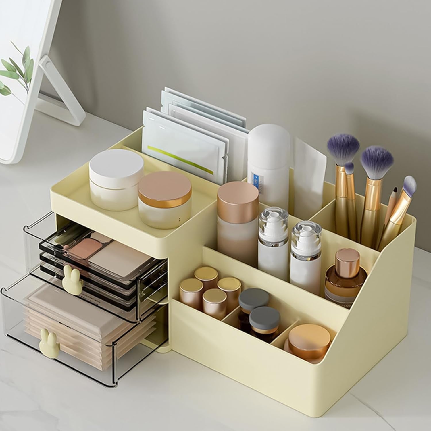 Organizator Cosmetice si Papetarie, Cutie de Depozitare pentru Birou, 2 Sertare si Compartimente Multiple, Model Iepuras, Plastic Rezistent, 27.5x15.5x12 cm, Crem
