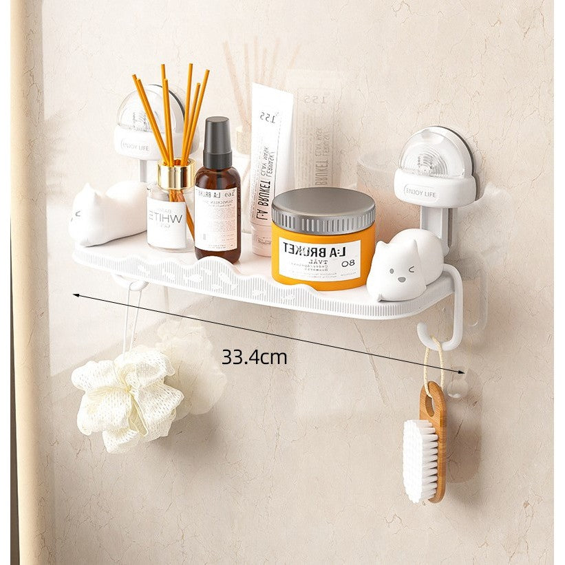 Suport pentru Baie cu Model Pisicute, Raft Organizator fara Gaurire, Montare pe Perete cu Adeziv, Material ABS, 33.4x17.7 cm, Alb