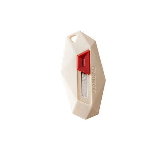 Cutter pentru Cutii si Colete, Varf Rotunjit cu Lama Zimtata, Rebound Automat si Magnet, ABS si Otel Inoxidabil, Tip Breloc, 6.5x3.5 cm, Crem