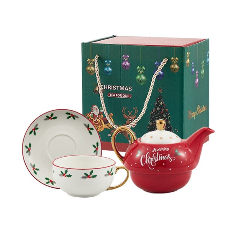 Set de Ceai pentru 1 Persoană, Temă Crăciun cu Ceainic Suprapunibil, Porțelan Termorezistent, Happy Christmas, Ceainic 420 ml, Cană 310 ml, Farfurie, Roșu