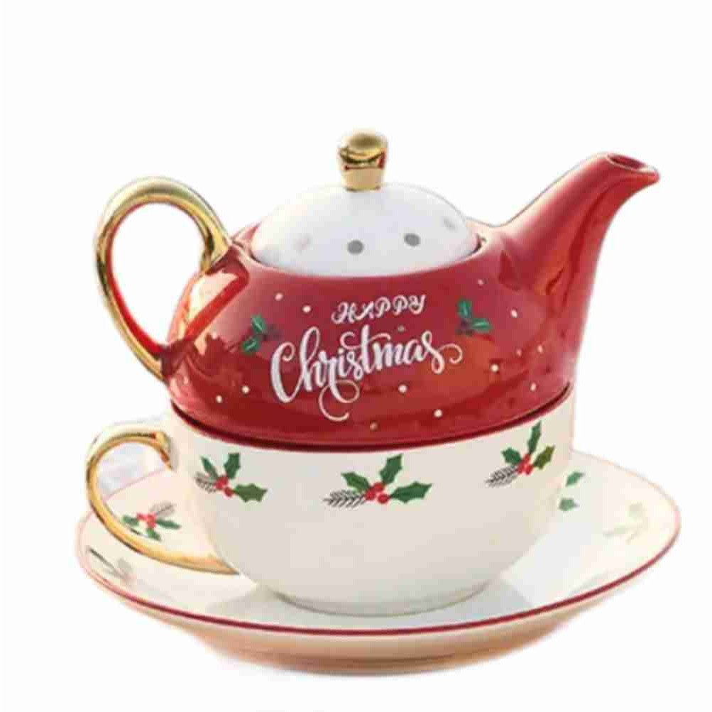 Set de Ceai pentru 1 Persoană, Temă Crăciun cu Ceainic Suprapunibil, Porțelan Termorezistent, Happy Christmas, Ceainic 420 ml, Cană 310 ml, Farfurie, Roșu