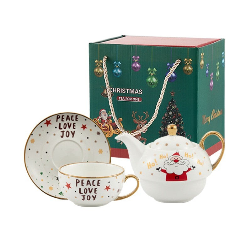 Set de Ceai pentru O Persoană, Temă Crăciun cu Model Moș Crăciun, Design Suprapunibil, Porțelan, Ceainic 420 ml, Cană 310 ml și Farfurie, Alb