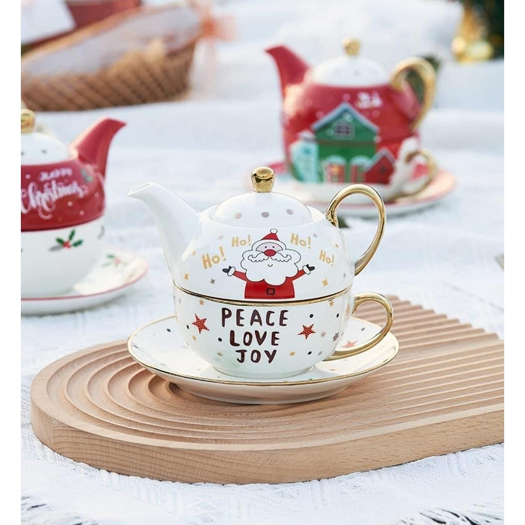 Set de Ceai pentru O Persoană, Temă Crăciun cu Model Moș Crăciun, Design Suprapunibil, Porțelan, Ceainic 420 ml, Cană 310 ml și Farfurie, Alb