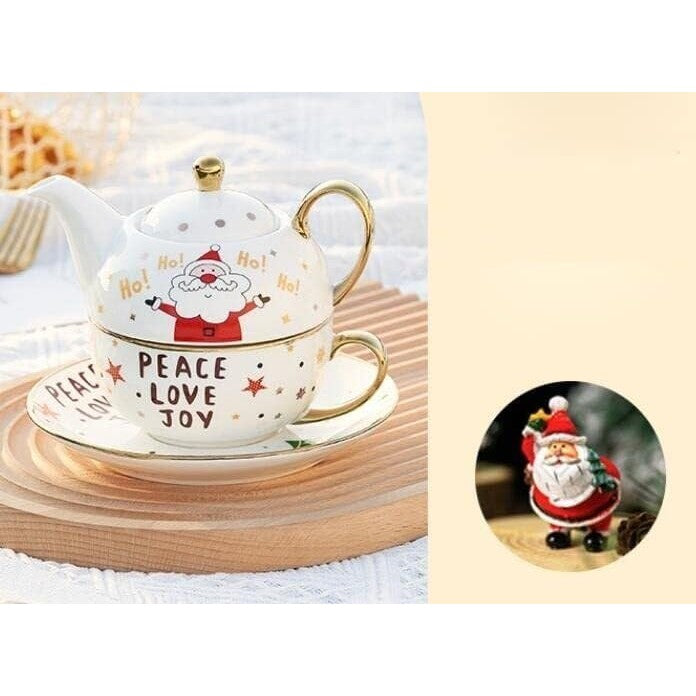 Set de Ceai pentru O Persoană, Temă Crăciun cu Model Moș Crăciun, Design Suprapunibil, Porțelan, Ceainic 420 ml, Cană 310 ml și Farfurie, Alb