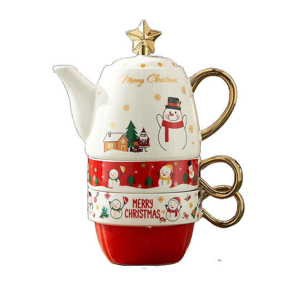 Set de Ceai Tematică Crăciun, Ceainic 450 ml cu 2 Căni 250 ml, Model Om de Zăpadă, Ceramică Termorezistentă, Alb/Roșu, 3 Piese