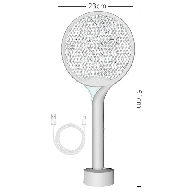Paleta Electrica Tantari si Muste 2in1, Lampa Anti-Insecte Reincarcabila USB, Tensiune 2600V, Stand Inclus, Plastic, 23x51 cm, Gri