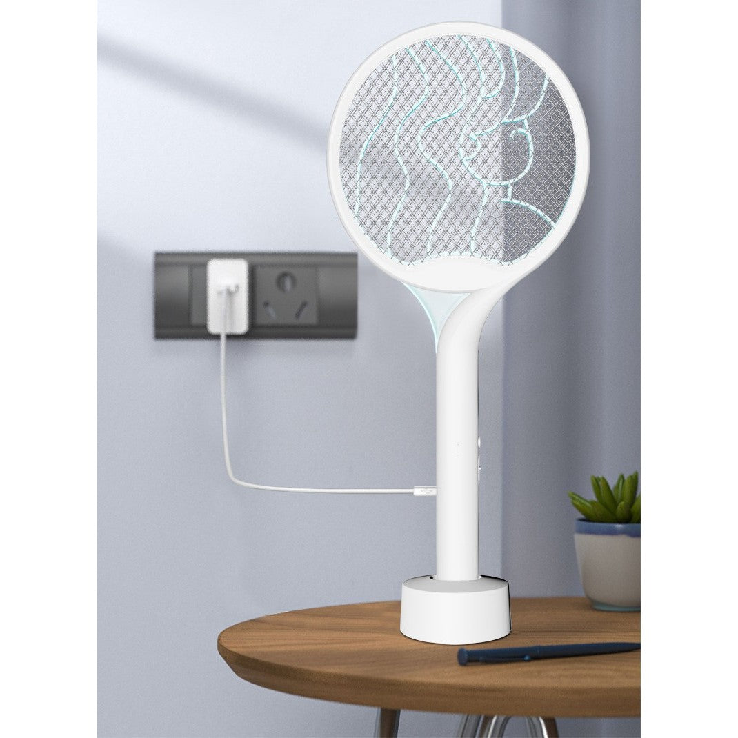 Paleta Electrica Tantari si Muste 2in1, Lampa Anti-Insecte Reincarcabila USB, Putere 2600V, Design Ergonomic cu Stand, Plastic, 23x51 cm, Alb
