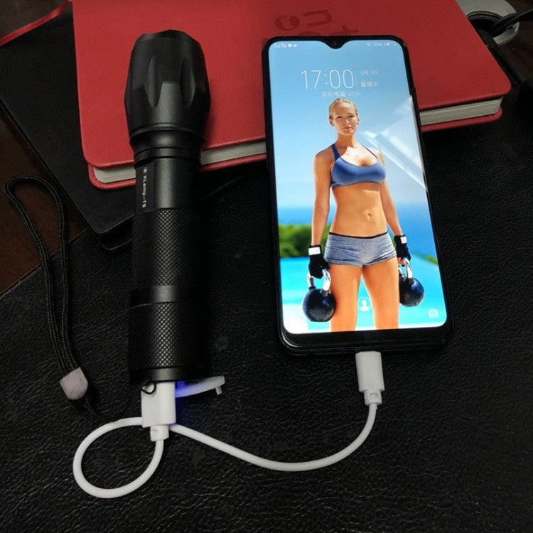 Lanterna LED Reincarcabila cu Functie Power Bank, Zoom Telescopic, Raza 300m, 5W, 500 Lumeni, Rezistenta IP44, Model T9, Negru