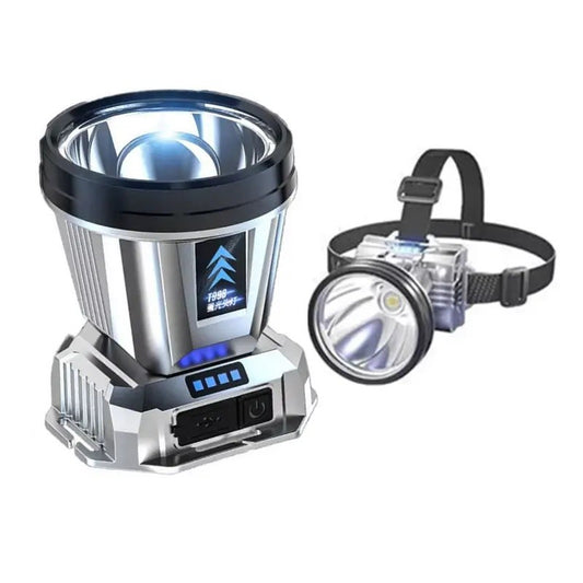 Lanternă Frontală LED Cu Funcție Power Bank, Încărcare USB și Afișaj Baterie, 3 Trepte De Lumină, Rază 200m, Rezistentă La Apă, ABS și Aluminiu, 5W, 1200 mAh, Argintiu