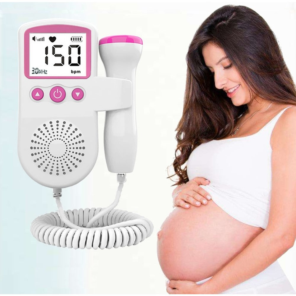 Monitor Fetal Doppler Portabil, Dispozitiv Ascultare Bătăi Inimă Bebeluș, Sondă Impermeabilă 3.0 MHz, Ecran LCD 4.5 cm, Ritm Cardiac 50-230 BPM, Material ABS, 12.8 x 9.6 x 3 cm, Alb/Roz
