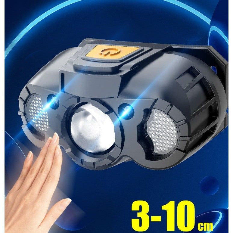 Lanterna LED de Cap cu Senzor de Miscare, Incarcare USB Tip C, 5W, 6 Trepte de Lumina, Rezistenta la Apa, Material ABS, 400 mAh, Gri