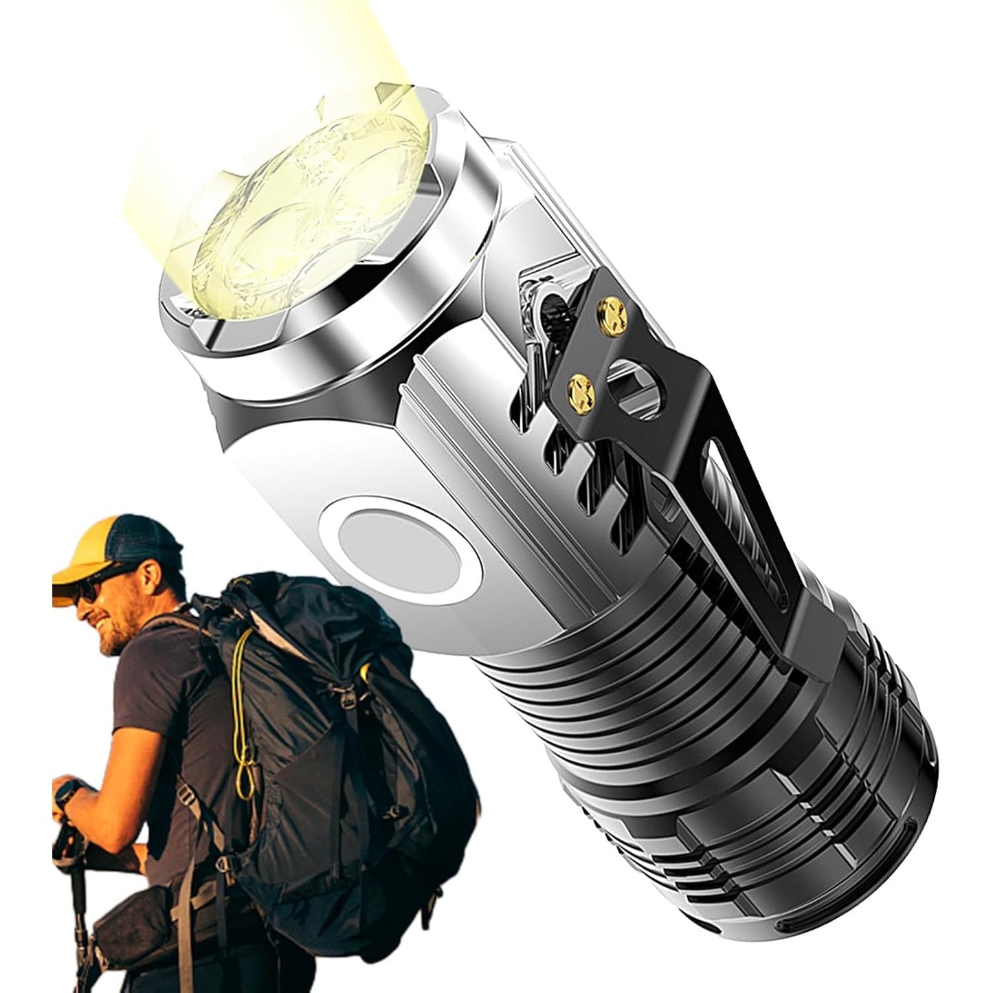 Lanterna Mini LED cu 3 Nuclee, Incarcare USB, Baza Magnetica si Clema de Agatat, 5 Moduri Iluminare, 5W, Autonomie 4-20h, Raza 200m, ABS, Argintiu