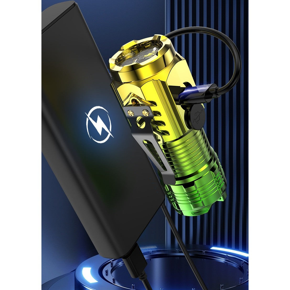 Lanterna Mini LED cu 3 Nuclee, Incarcare USB Rapida, Baza Magnetica si Clema Agatare, 5 Moduri Iluminare, Autonomie 4-20h, Material ABS, 5W, 100-200 m, 8 x 3 x 2.6 cm, Galben/Verde