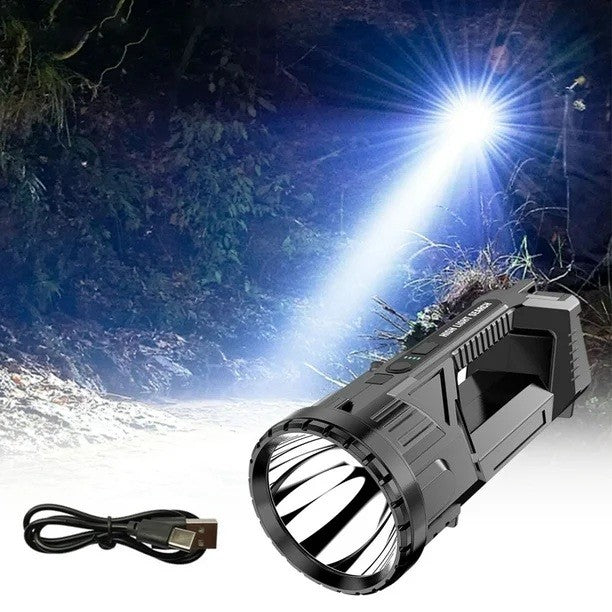 Lanternă LED Reîncărcabilă USB cu 2 Surse de Lumină și Tehnologie COB, Putere 5W, Autonomie 8-24h, Rază 200m, Rezistentă la Apă, Carcasă ABS, Indicator Baterie, 23 x 10 x 10 cm, Negru